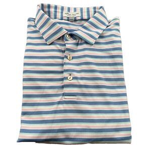 Peter Millar Summer Comfort Golf Polo Shirt Men's L Pink/Blue Stripe 1/4 Button